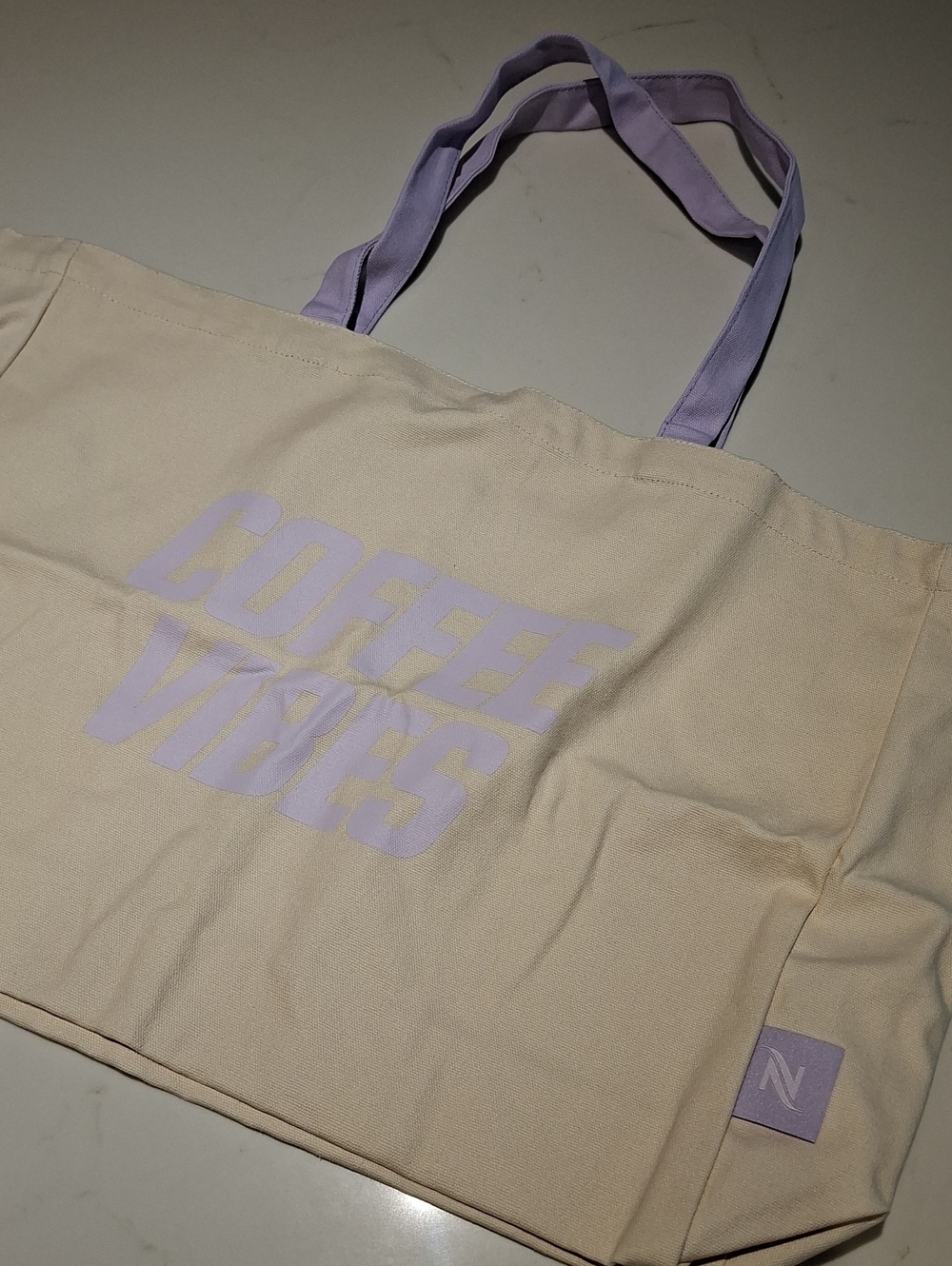 NWOT Nespresso 100% Cotton Off-white & Lavender "Coffee Vibes" Tote Bag